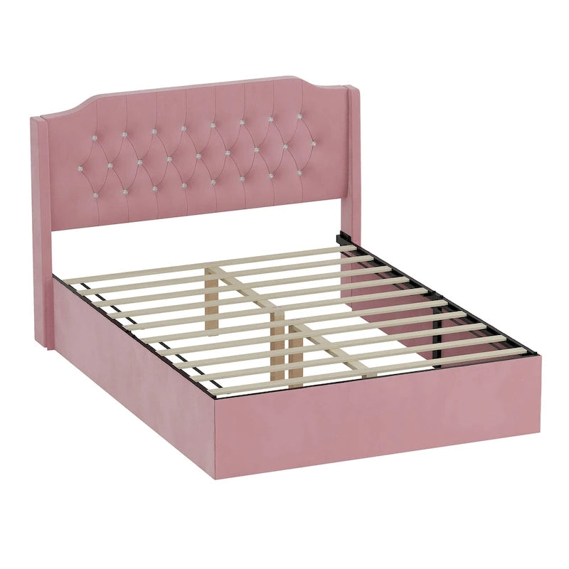 Lit plateforme queen en velours avec tête de lit capitonnée | Chambre glamour