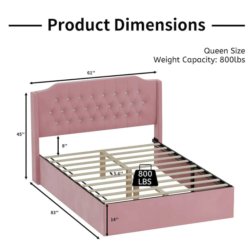 Lit plateforme queen en velours avec tête de lit capitonnée | Chambre glamour