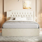 Lit plateforme queen en velours avec tête de lit capitonnée | Chambre glamour