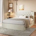 Lit plateforme queen en velours avec tête de lit capitonnée | Chambre glamour