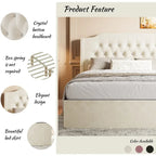 Lit plateforme queen en velours avec tête de lit capitonnée | Chambre glamour