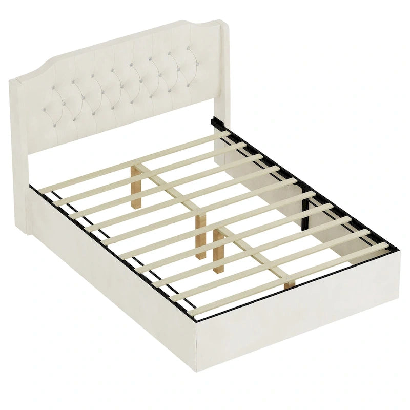 Lit plateforme queen en velours avec tête de lit capitonnée | Chambre glamour