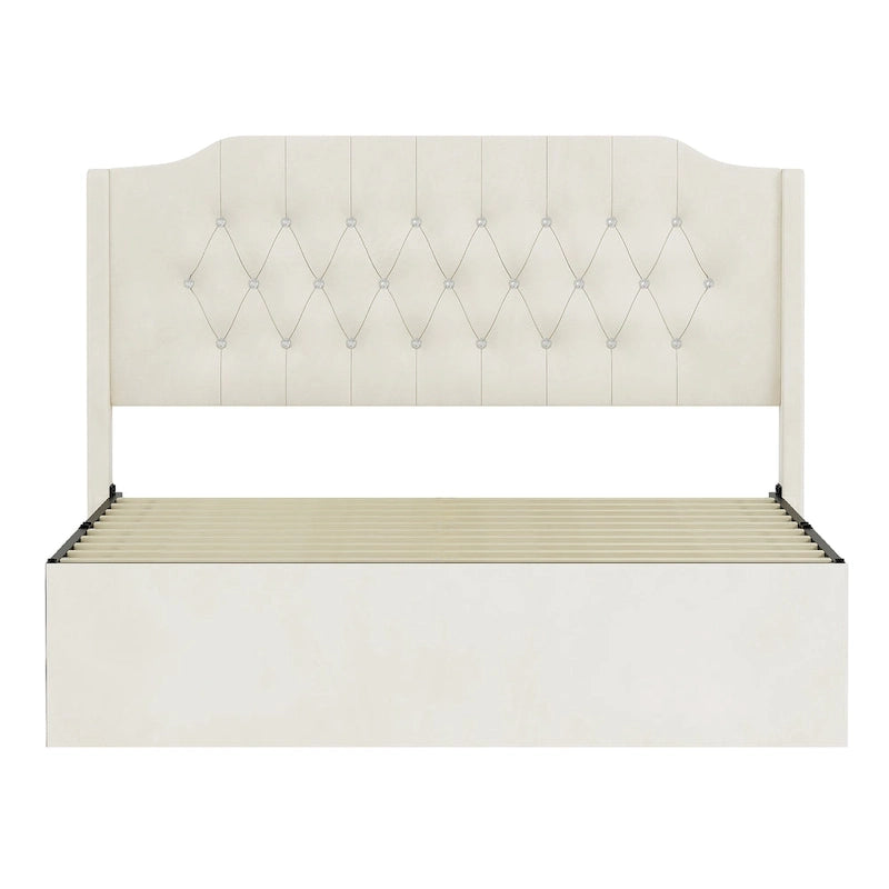 Lit plateforme queen en velours avec tête de lit capitonnée | Chambre glamour