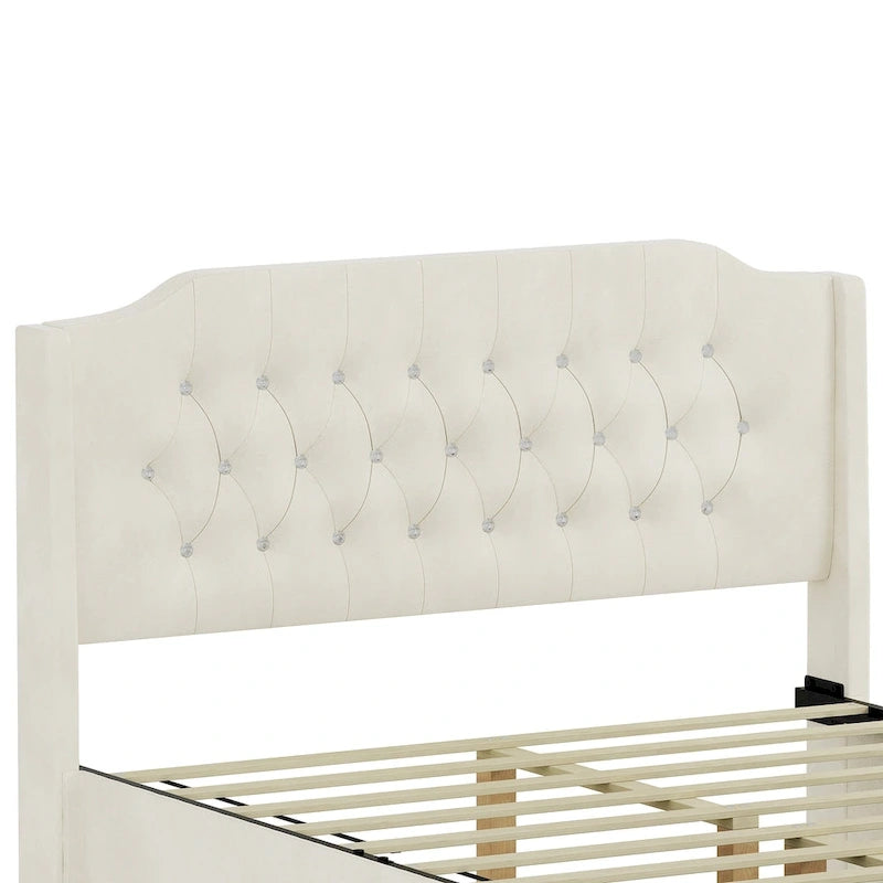 Lit plateforme queen en velours avec tête de lit capitonnée | Chambre glamour