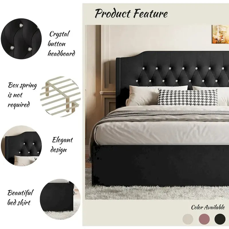 Lit plateforme queen en velours avec tête de lit capitonnée | Chambre glamour