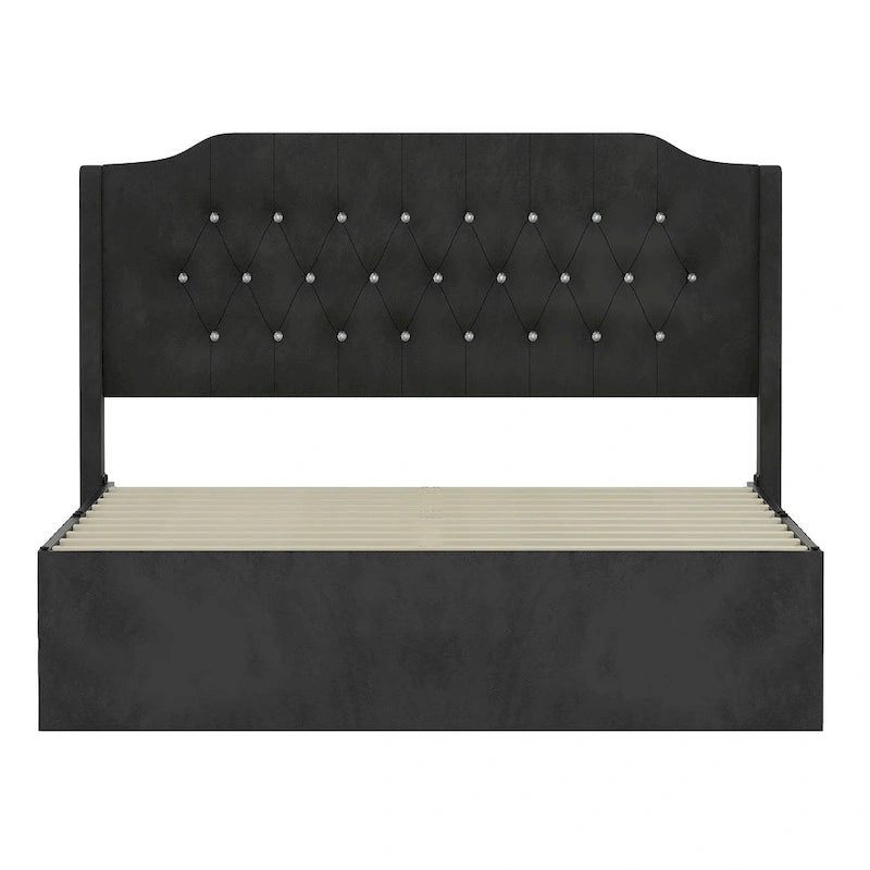 Lit plateforme queen en velours avec tête de lit capitonnée | Chambre glamour