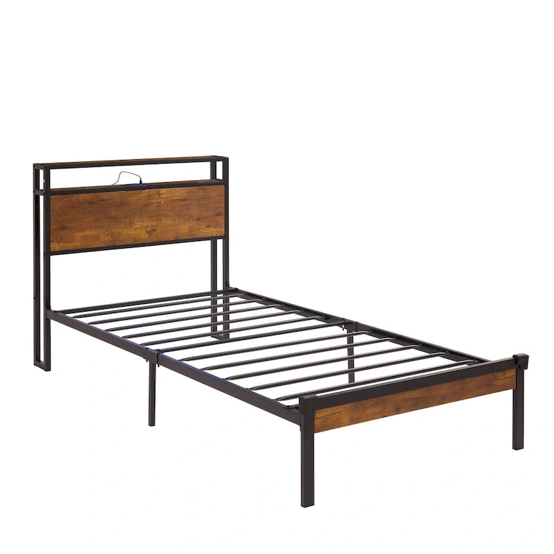 Lit plateforme en métal format double avec tête et pied de lit en bois | Port de chargement USB