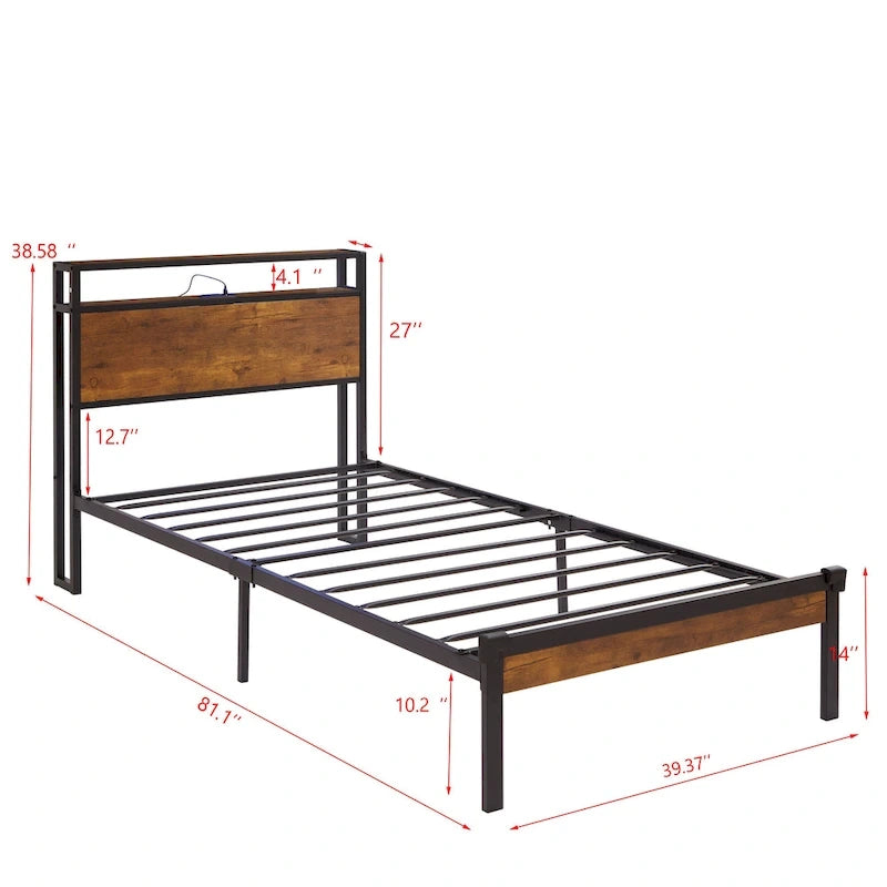Lit plateforme en métal format double avec tête et pied de lit en bois | Port de chargement USB
