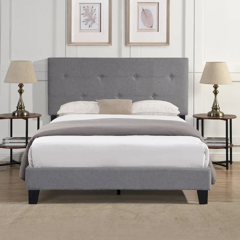 Lit plateforme rembourré Queen | Tête de lit en tissu de lin gris | Support à lattes | Pas besoin de sommier tapissier