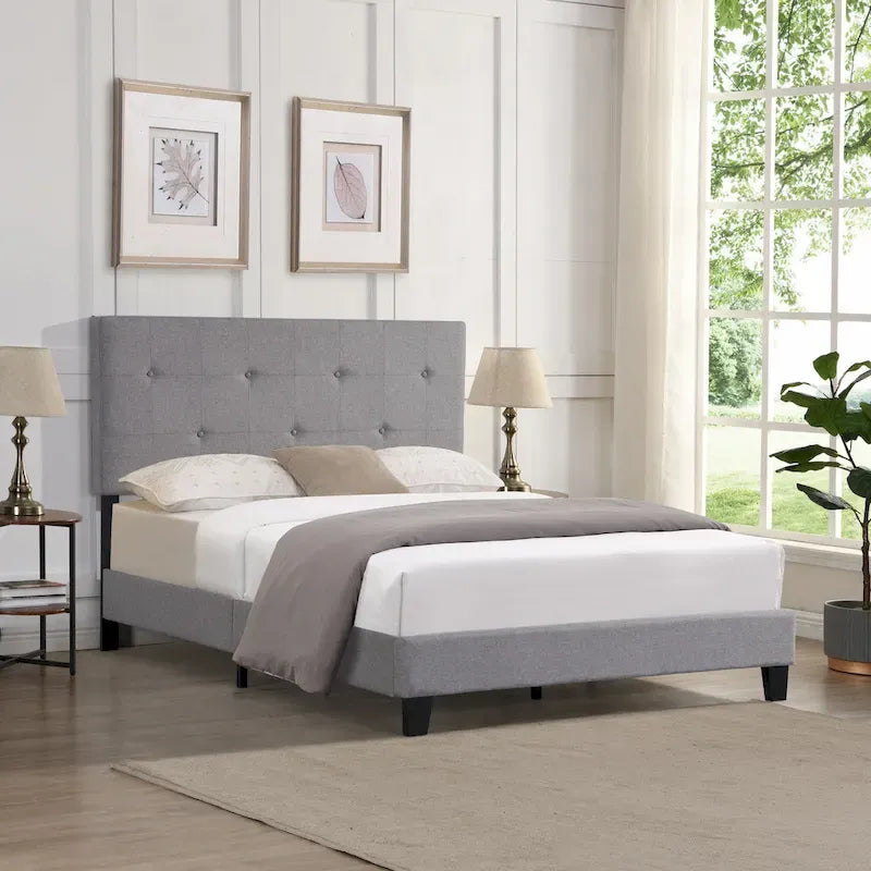 Lit plateforme rembourré Queen | Tête de lit en tissu de lin gris | Support à lattes | Pas besoin de sommier tapissier