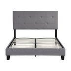 Lit plateforme rembourré Queen | Tête de lit en tissu de lin gris | Support à lattes | Pas besoin de sommier tapissier