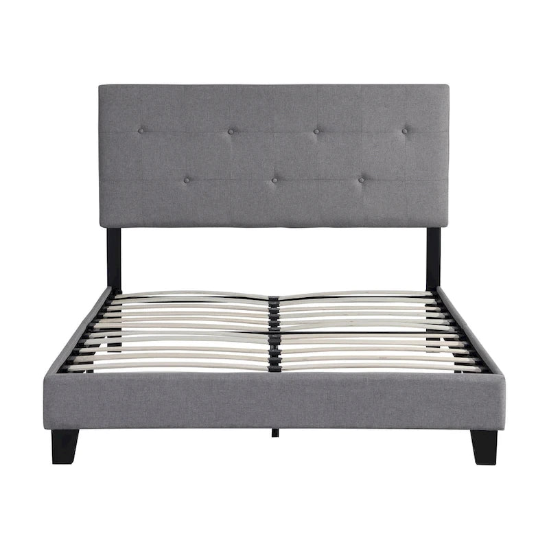 Lit plateforme rembourré Queen | Tête de lit en tissu de lin gris | Support à lattes | Pas besoin de sommier tapissier
