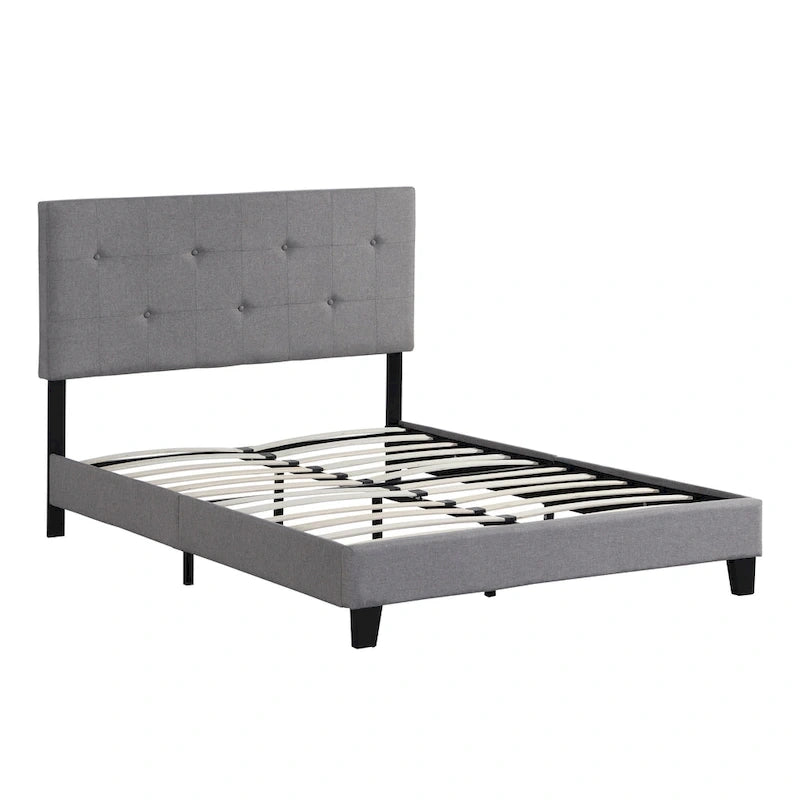 Lit plateforme rembourré Queen | Tête de lit en tissu de lin gris | Support à lattes | Pas besoin de sommier tapissier