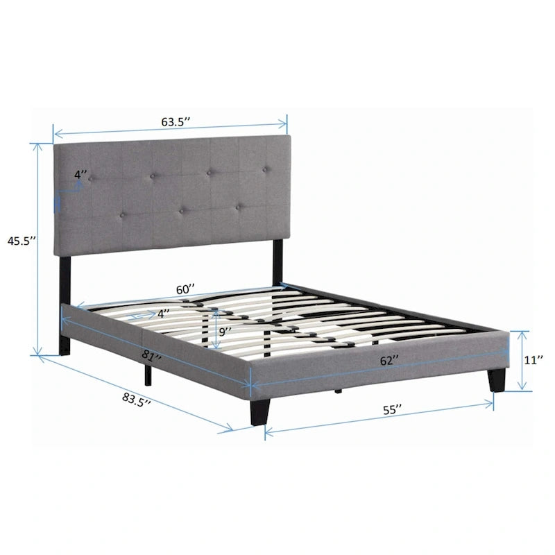 Lit plateforme rembourré Queen | Tête de lit en tissu de lin gris | Support à lattes | Pas besoin de sommier tapissier