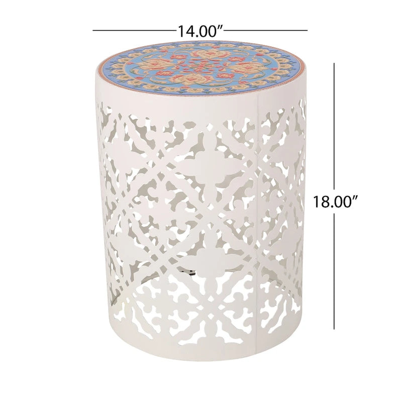 Guéridon d'appoint intérieur en dentelle ajourée avec plateau décoratif en carreaux | Table d'appoint bohème