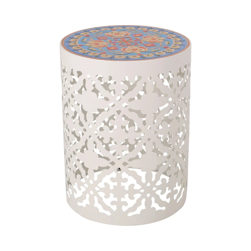 Guéridon d'appoint intérieur en dentelle ajourée avec plateau décoratif en carreaux | Table d'appoint bohème