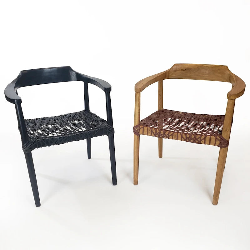 Fauteuil d'appoint en teck avec assise en cuir tressé | Style naturel bohème