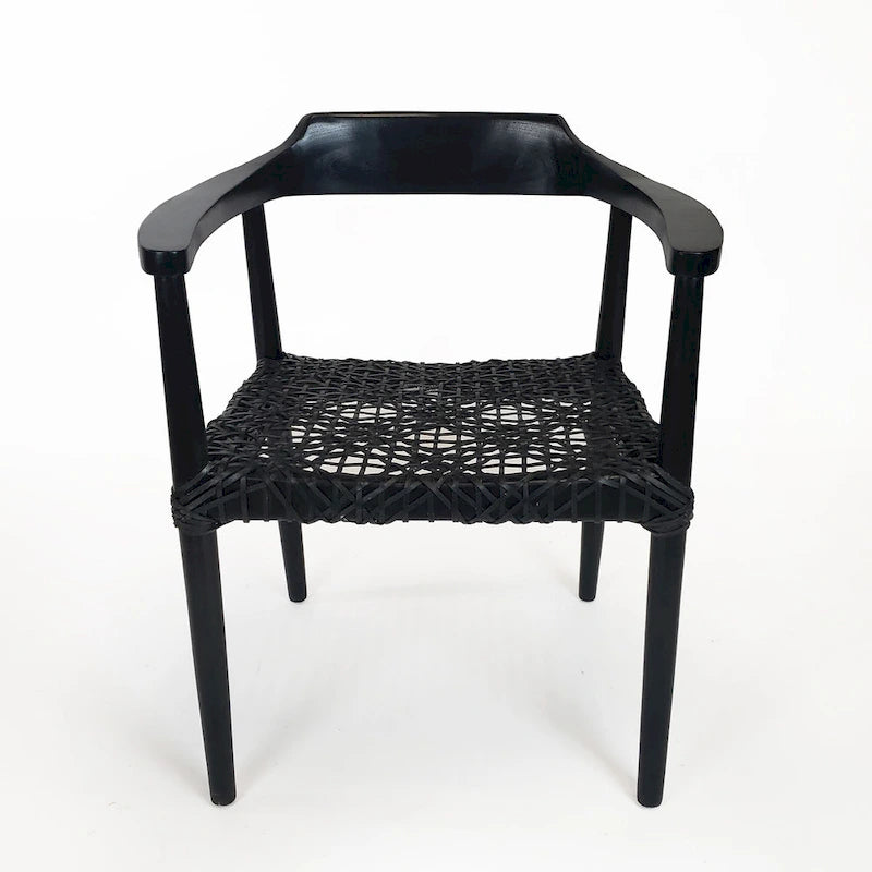 Fauteuil d'appoint en teck avec assise en cuir tressé | Style naturel bohème