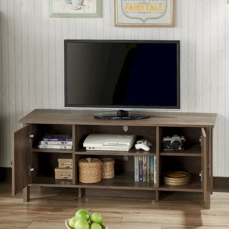 Console TV de 48 po en noyer vieilli de style transitionnel avec 6 étagères | Meuble TV