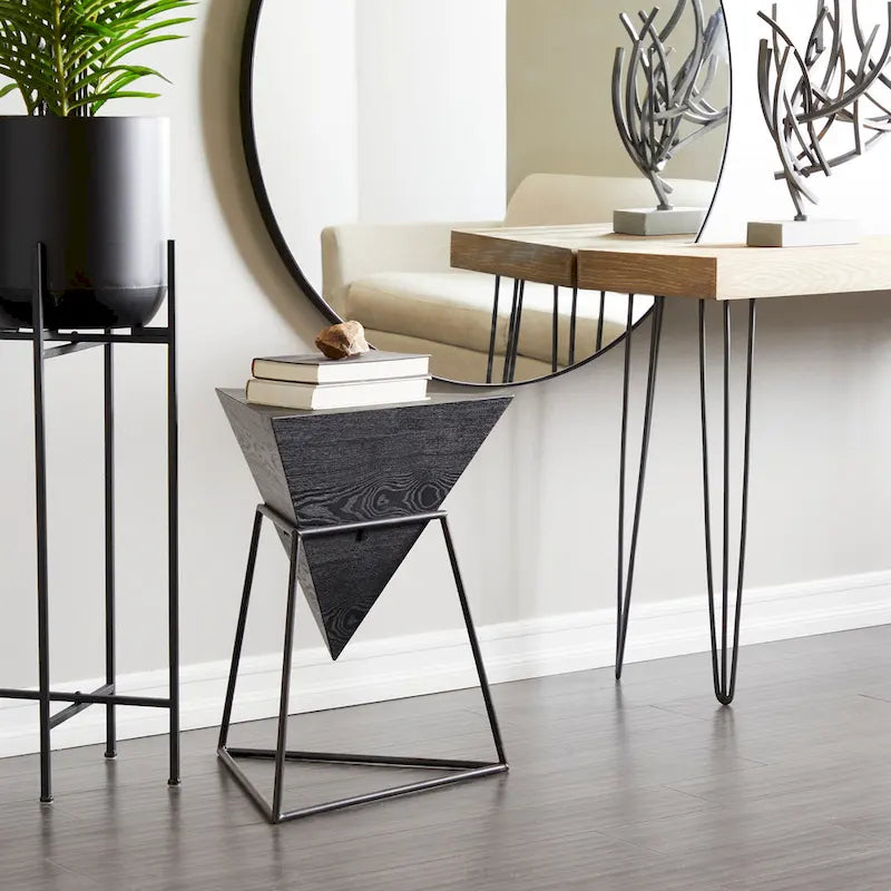 Table d'appoint en pyramide inversée géométrique en bois avec support en métal | Noir ou Blanc