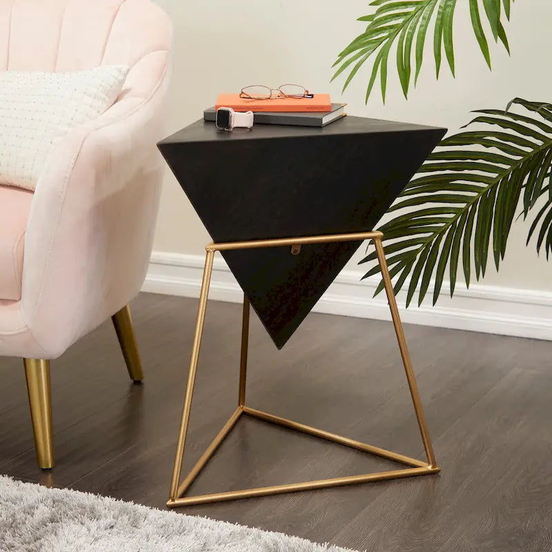 Table d'appoint en pyramide inversée géométrique en bois avec support en métal | Noir ou Blanc
