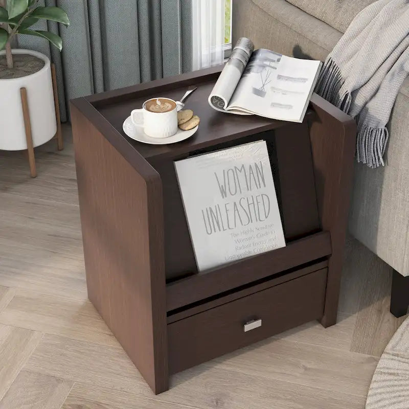 Table d'appoint moderne en noyer de 45 cm avec 1 étagère | Table d'appoint minimaliste