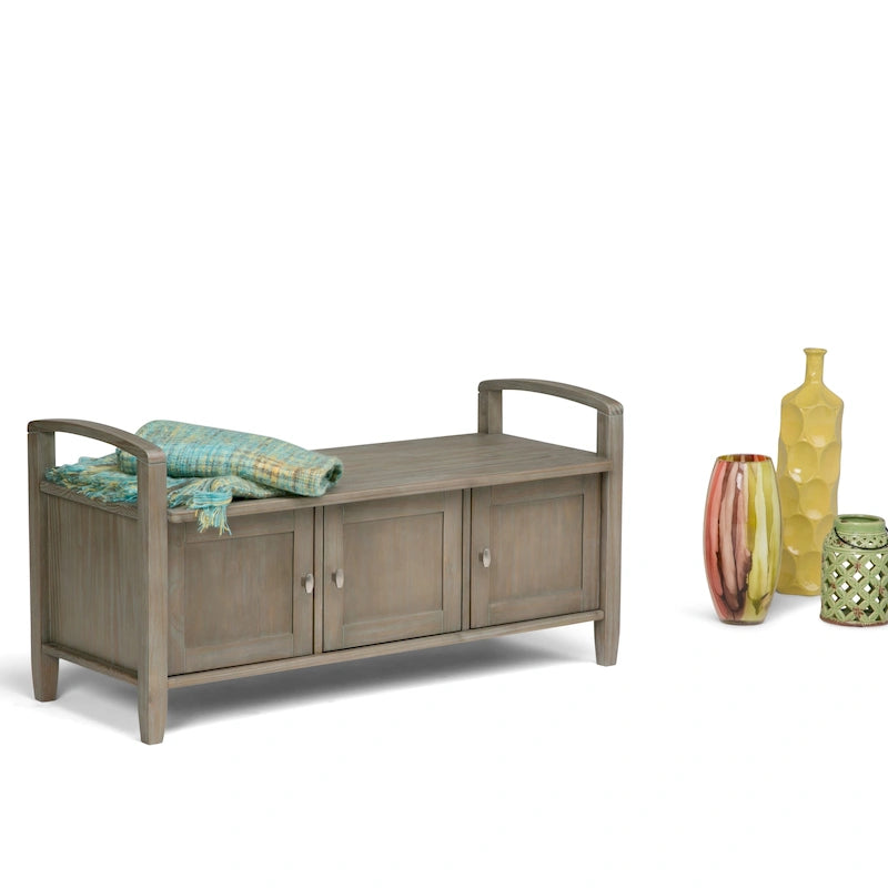 Banc de rangement d'entrée en bois massif de 112 cm de large avec siège relevable | Style Ferme