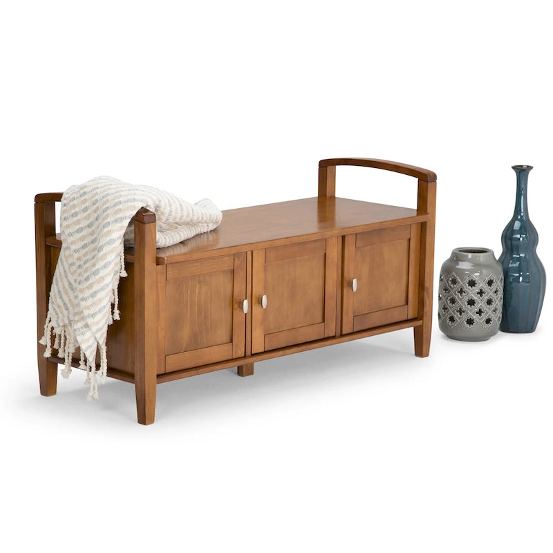 Banc de rangement d'entrée en bois massif de 112 cm de large avec siège relevable | Style Ferme