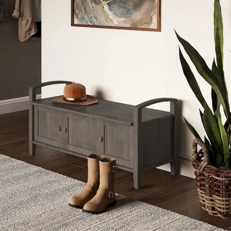 Banc de rangement d'entrée en bois massif de 112 cm de large avec siège relevable | Style Ferme