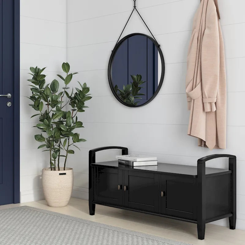 Banc de rangement d'entrée en bois massif de 112 cm de large avec siège relevable | Style Ferme