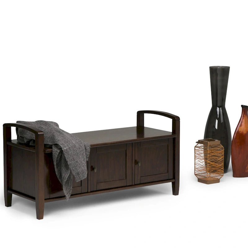 Banc de rangement d'entrée en bois massif de 112 cm de large avec siège relevable | Style Ferme