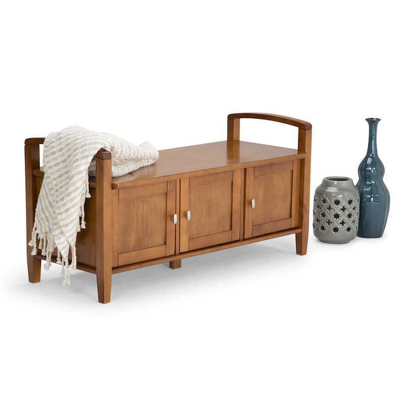 Banc de rangement d'entrée en bois massif de 112 cm de large avec siège relevable | Style Ferme
