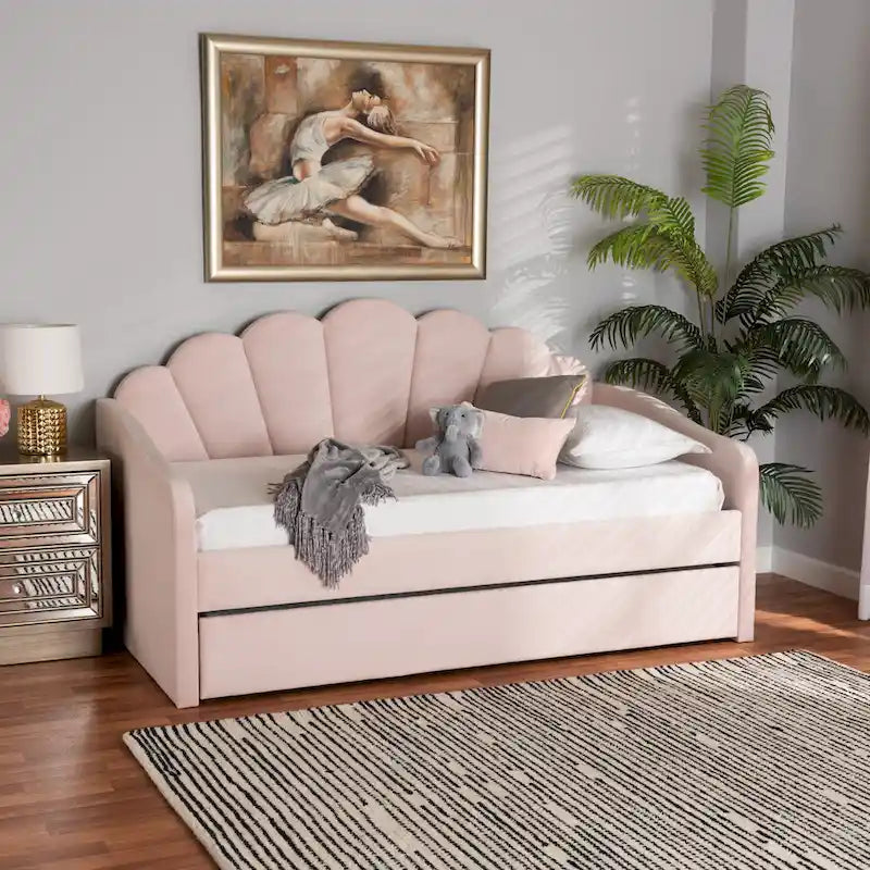 Lit de repos moderne en velours capitonné avec lit gigogne escamotable | Rose clair