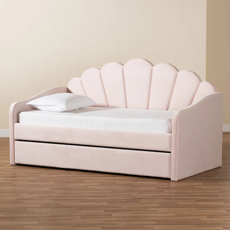 Lit de repos moderne en velours capitonné avec lit gigogne escamotable | Rose clair