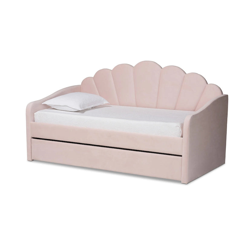 Lit de repos moderne en velours capitonné avec lit gigogne escamotable | Rose clair