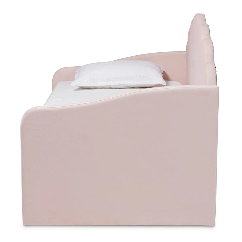Lit de repos moderne en velours capitonné avec lit gigogne escamotable | Rose clair
