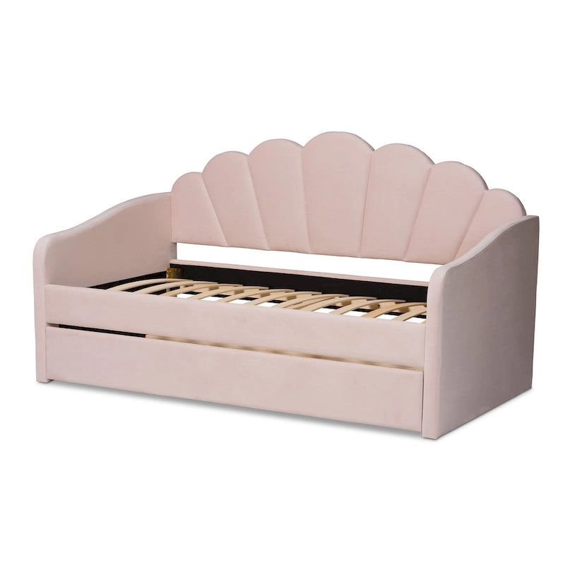 Lit de repos moderne en velours capitonné avec lit gigogne escamotable | Rose clair