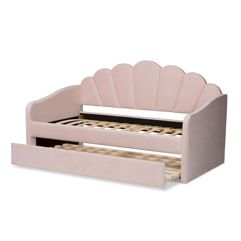 Lit de repos moderne en velours capitonné avec lit gigogne escamotable | Rose clair