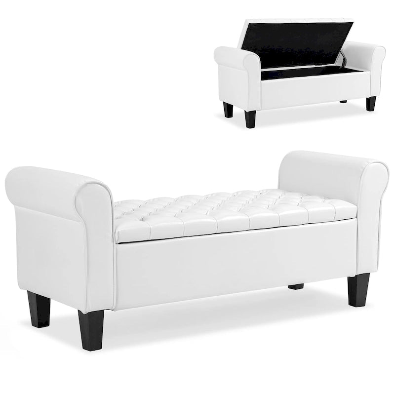 Banc Ottoman de Rangement en Cuir Capitonné avec Accoudoirs | Entrée ou Chambre à Coucher