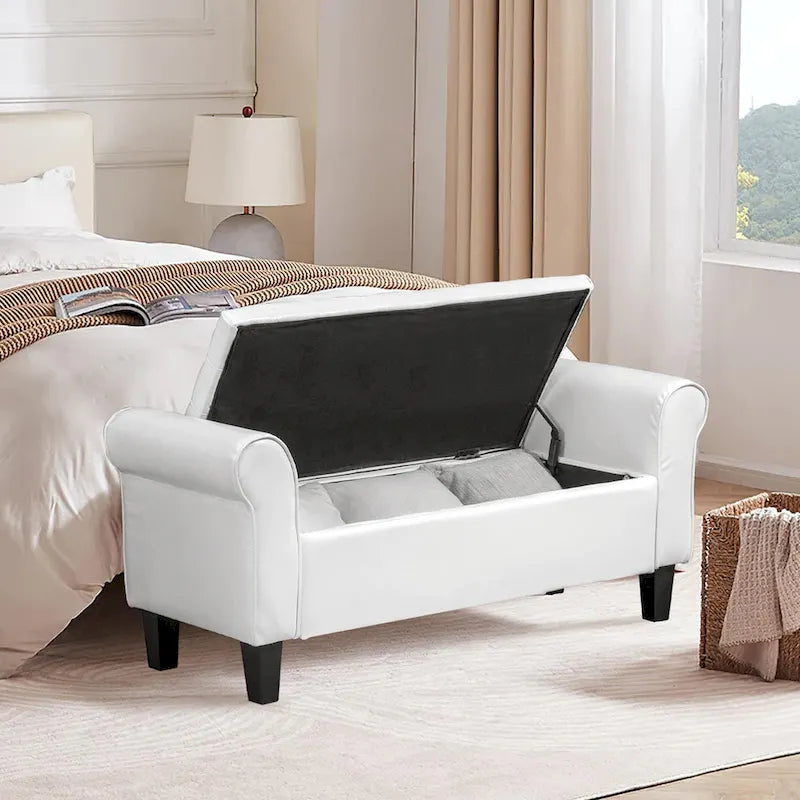 Banc Ottoman de Rangement en Cuir Capitonné avec Accoudoirs | Entrée ou Chambre à Coucher