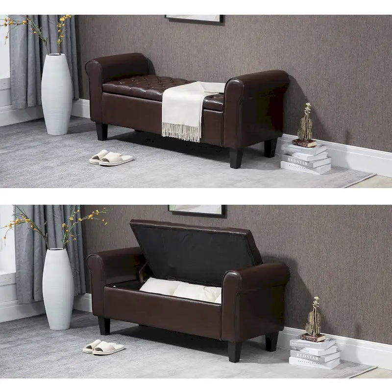 Banc Ottoman de Rangement en Cuir Capitonné avec Accoudoirs | Entrée ou Chambre à Coucher
