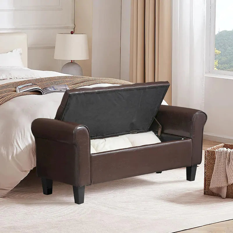 Banc Ottoman de Rangement en Cuir Capitonné avec Accoudoirs | Entrée ou Chambre à Coucher