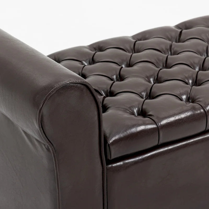 Banc Ottoman de Rangement en Cuir Capitonné avec Accoudoirs | Entrée ou Chambre à Coucher