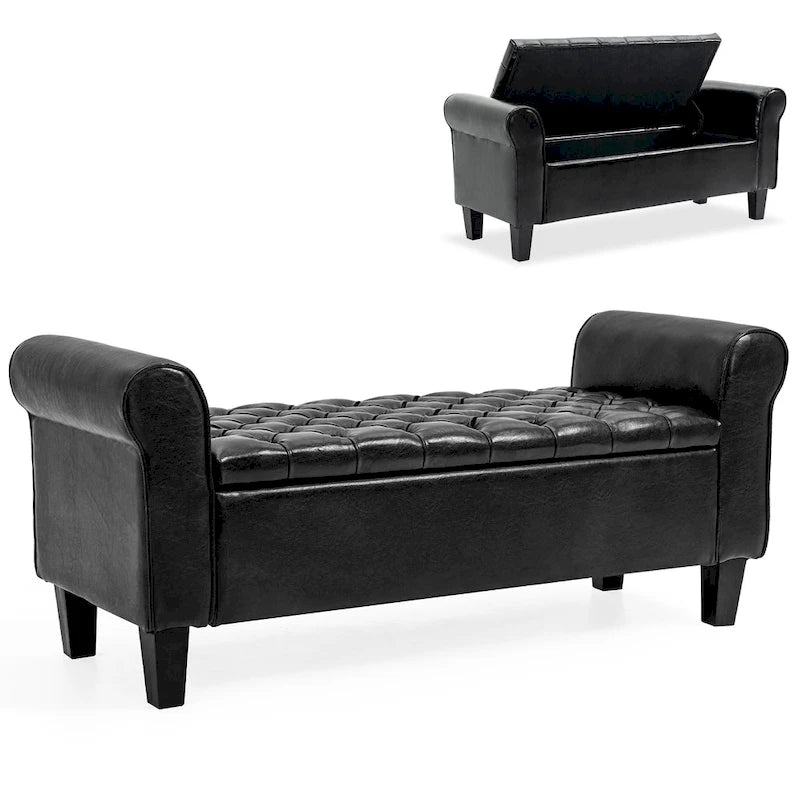Banc Ottoman de Rangement en Cuir Capitonné avec Accoudoirs | Entrée ou Chambre à Coucher