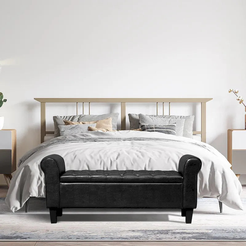 Banc Ottoman de Rangement en Cuir Capitonné avec Accoudoirs | Entrée ou Chambre à Coucher