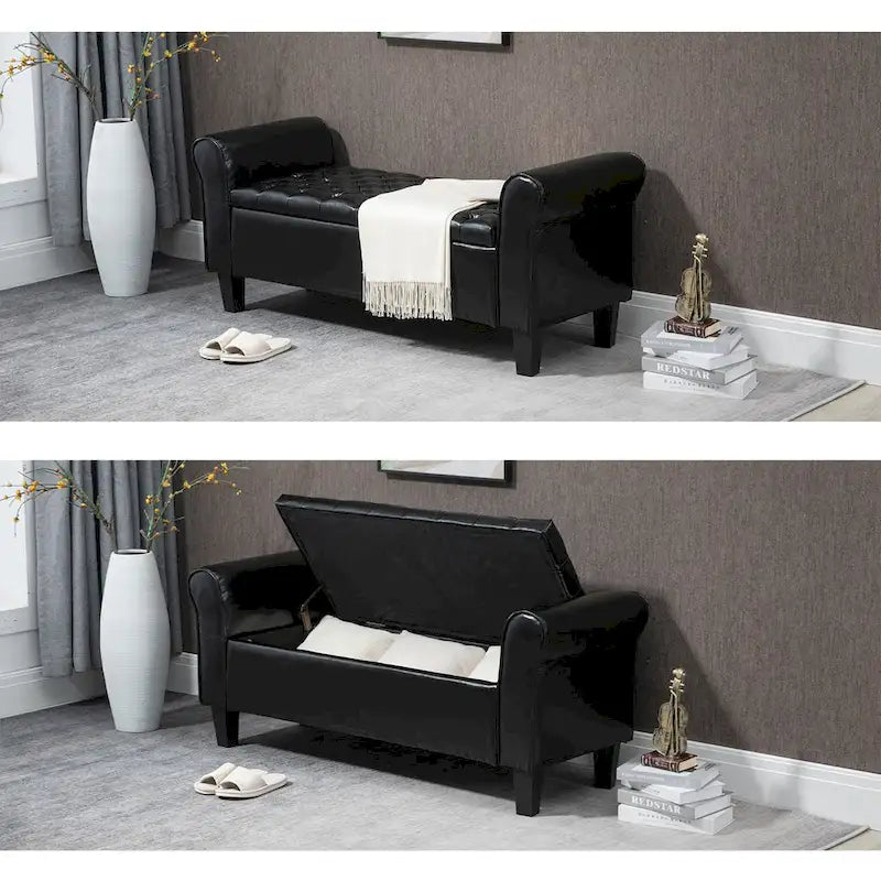 Banc Ottoman de Rangement en Cuir Capitonné avec Accoudoirs | Entrée ou Chambre à Coucher