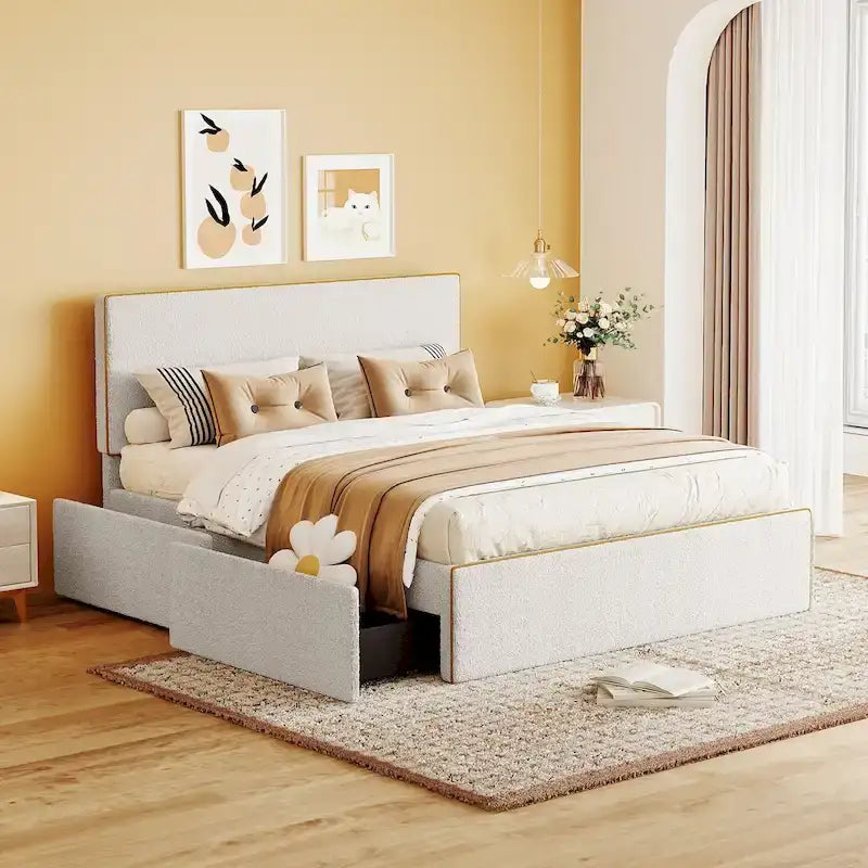 Lit plateforme tapissé pleine grandeur avec 4 tiroirs de rangement | Chambre moderne