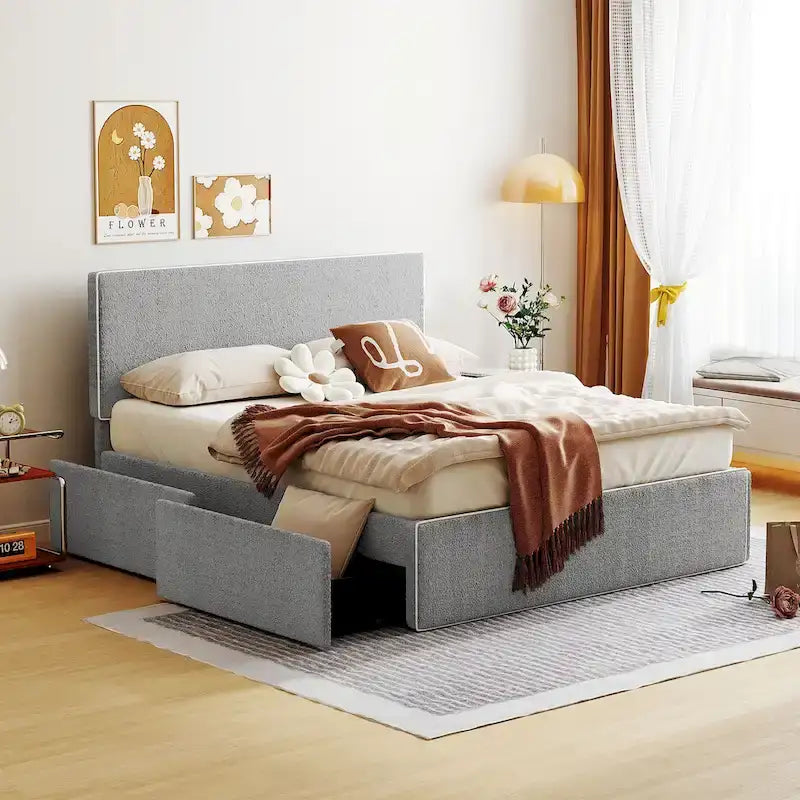 Lit plateforme tapissé pleine grandeur avec 4 tiroirs de rangement | Chambre moderne
