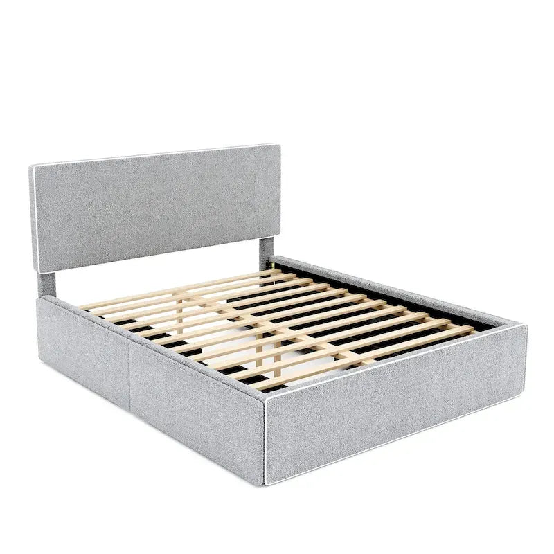 Lit plateforme tapissé pleine grandeur avec 4 tiroirs de rangement | Chambre moderne