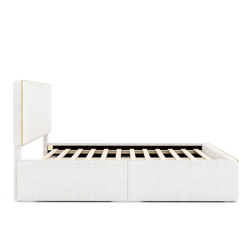 Lit plateforme tapissé pleine grandeur avec 4 tiroirs de rangement | Chambre moderne